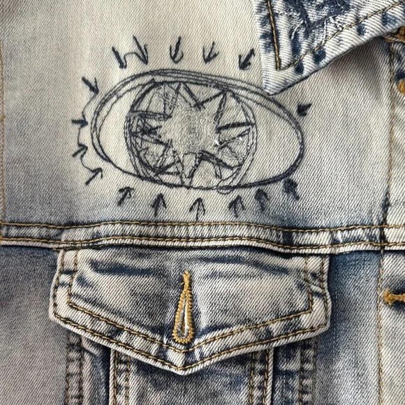 Desigual Light-Wash Denim Jacket with Navy & White Striped Knit Sleeves - Picture 4 of 10